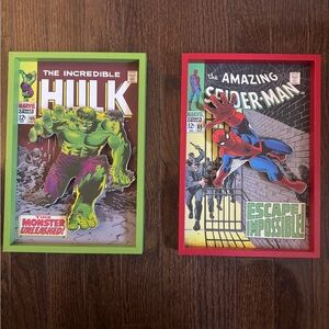 Marvel Hulk and Spider-Man Comic Art in Green and Red Frames